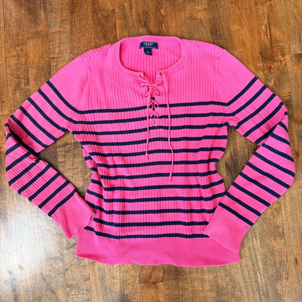 Chaps pink abd blue striped lace up ribbed sweater